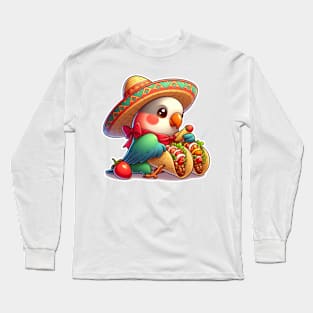 cute love birds are eating Mexican specialties, Tacos, Burritos, Enchiladas, Quesadillas, Guacamole, Fajitas, Chiles Rellenos, Tamales, Mole, Chilaquiles, Long Sleeve T-Shirt